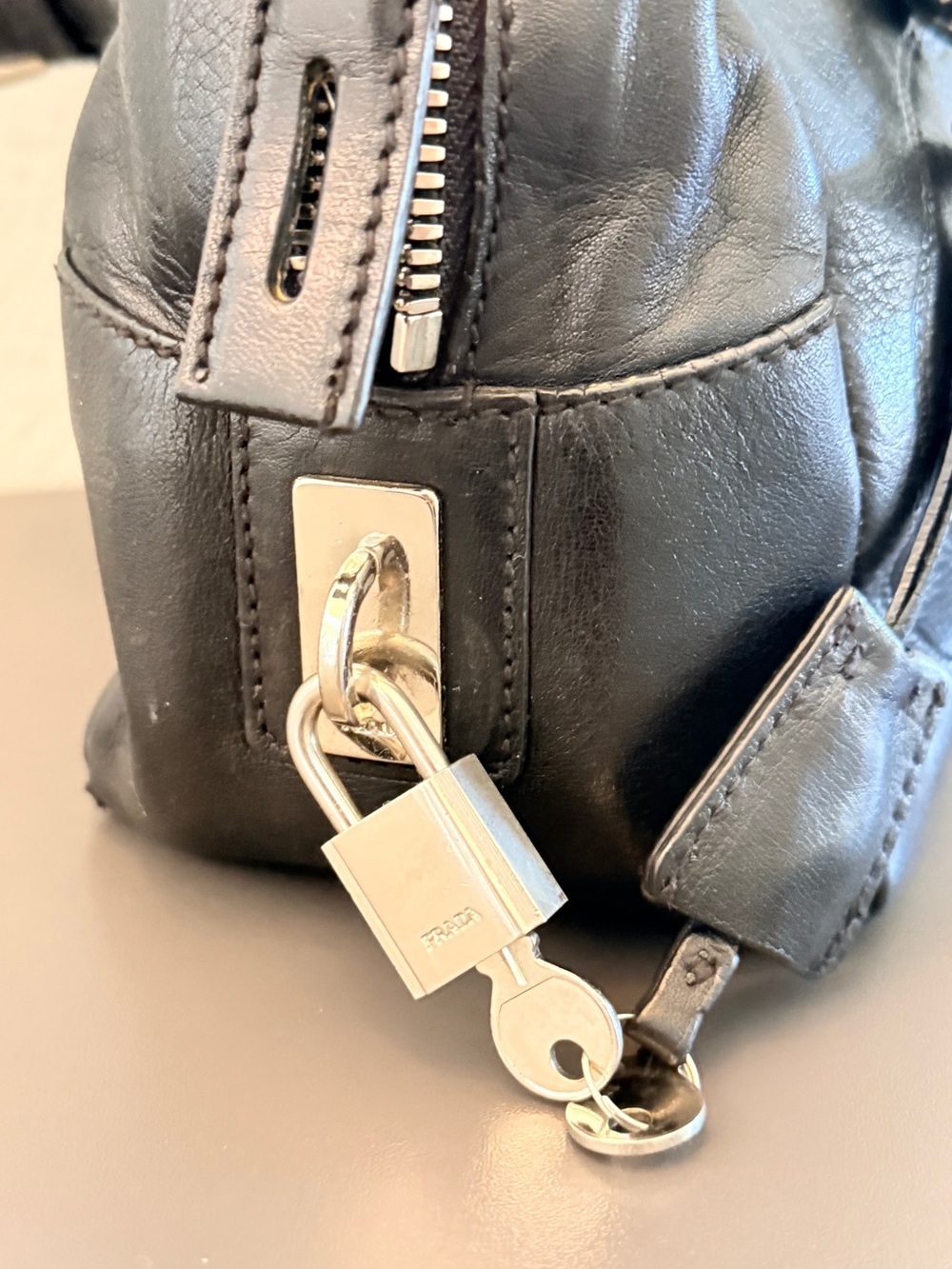Prada Black Leather Shoulder Bag with Padlock Detail